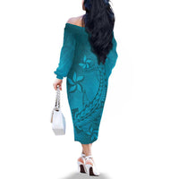 Dark Cyan Gradient Polynesia Family Matching Off The Shoulder Long Sleeve Dress and Hawaiian Shirt Hawaiian Tribal Hammerhead Shark Tattoo LT14 - Polynesian Pride