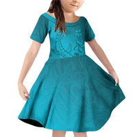 Dark Cyan Gradient Polynesia Family Matching Off Shoulder Short Dress and Hawaiian Shirt Hawaiian Tribal Hammerhead Shark Tattoo LT14 Daughter's Dress Dark Cyan - Polynesian Pride