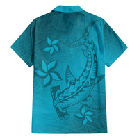 Dark Cyan Gradient Polynesia Family Matching Off Shoulder Short Dress and Hawaiian Shirt Hawaiian Tribal Hammerhead Shark Tattoo LT14 - Polynesian Pride