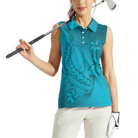 Dark Cyan Gradient Polynesia Women Sleeveless Polo Shirt Hawaiian Tribal Hammerhead Shark Tattoo