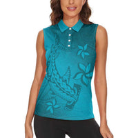Dark Cyan Gradient Polynesia Women Sleeveless Polo Shirt Hawaiian Tribal Hammerhead Shark Tattoo