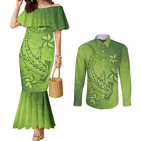 Green Gradient Polynesia Couples Matching Mermaid Dress and Long Sleeve Button Shirt Hawaiian Tribal Hammerhead Shark Tattoo