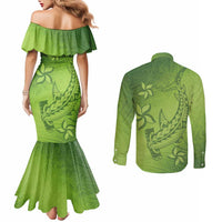 Green Gradient Polynesia Couples Matching Mermaid Dress and Long Sleeve Button Shirt Hawaiian Tribal Hammerhead Shark Tattoo
