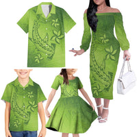 Green Gradient Polynesia Family Matching Off The Shoulder Long Sleeve Dress and Hawaiian Shirt Hawaiian Tribal Hammerhead Shark Tattoo LT14 - Polynesian Pride