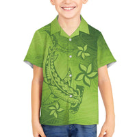 Green Gradient Polynesia Family Matching Off The Shoulder Long Sleeve Dress and Hawaiian Shirt Hawaiian Tribal Hammerhead Shark Tattoo LT14 Son's Shirt Green - Polynesian Pride