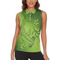 Green Gradient Polynesia Women Sleeveless Polo Shirt Hawaiian Tribal Hammerhead Shark Tattoo