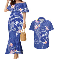 FSM Chuuk Constitution Day Couples Matching Mermaid Dress and Hawaiian Shirt Frangipani Flowers Polynesian Curves Style LT14 Blue - Polynesian Pride