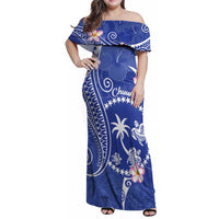 FSM Chuuk Constitution Day Family Matching Off Shoulder Maxi Dress and Hawaiian Shirt Frangipani Flowers Polynesian Curves Style LT14 Mom's Dress Blue - Polynesian Pride