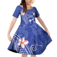 FSM Chuuk Constitution Day Family Matching Off Shoulder Short Dress and Hawaiian Shirt Frangipani Flowers Polynesian Curves Style LT14 Daughter's Dress Blue - Polynesian Pride