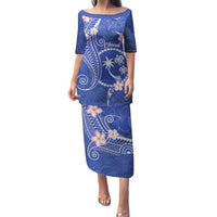 FSM Chuuk Constitution Day Family Matching Puletasi and Hawaiian Shirt Frangipani Flowers Polynesian Curves Style LT14 Mom's Dress Blue - Polynesian Pride
