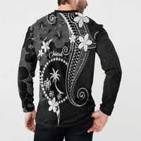 FSM Chuuk Button Sweatshirt Turtle Tropical Flowers Polynesian - Black LT14 - Polynesian Pride