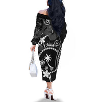 FSM Chuuk Family Matching Off The Shoulder Long Sleeve Dress and Hawaiian Shirt Turtle Tropical Flowers Polynesian - Black LT14 - Polynesian Pride