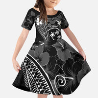 FSM Chuuk Family Matching Off Shoulder Maxi Dress and Hawaiian Shirt Turtle Tropical Flowers Polynesian - Black LT14 Daughter's Dress Black - Polynesian Pride