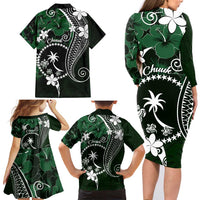 FSM Chuuk Family Matching Long Sleeve Bodycon Dress and Hawaiian Shirt Turtle Tropical Flowers Polynesian - Green LT14 - Polynesian Pride