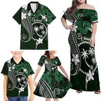 FSM Chuuk Family Matching Off Shoulder Maxi Dress and Hawaiian Shirt Turtle Tropical Flowers Polynesian - Green LT14 - Polynesian Pride