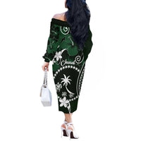 FSM Chuuk Off The Shoulder Long Sleeve Dress Turtle Tropical Flowers Polynesian - Green LT14 - Polynesian Pride