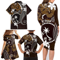 FSM Chuuk Family Matching Long Sleeve Bodycon Dress and Hawaiian Shirt Turtle Tropical Flowers Polynesian - Brown LT14 - Polynesian Pride