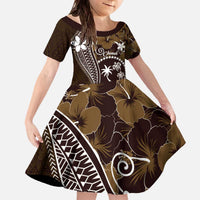FSM Chuuk Family Matching Off The Shoulder Long Sleeve Dress and Hawaiian Shirt Turtle Tropical Flowers Polynesian - Brown LT14 Daughter's Dress Brown - Polynesian Pride