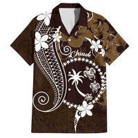 FSM Chuuk Family Matching Off The Shoulder Long Sleeve Dress and Hawaiian Shirt Turtle Tropical Flowers Polynesian - Brown LT14 Dad's Shirt - Short Sleeve Brown - Polynesian Pride