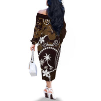 FSM Chuuk Family Matching Off The Shoulder Long Sleeve Dress and Hawaiian Shirt Turtle Tropical Flowers Polynesian - Brown LT14 - Polynesian Pride
