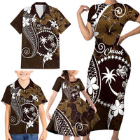 FSM Chuuk Family Matching Short Sleeve Bodycon Dress and Hawaiian Shirt Turtle Tropical Flowers Polynesian - Brown LT14 - Polynesian Pride