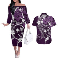 FSM Chuuk Couples Matching Off The Shoulder Long Sleeve Dress and Hawaiian Shirt Turtle Tropical Flowers Polynesian - Purple LT14 Purple - Polynesian Pride