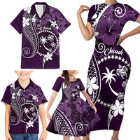 FSM Chuuk Family Matching Short Sleeve Bodycon Dress and Hawaiian Shirt Turtle Tropical Flowers Polynesian - Purple LT14 - Polynesian Pride