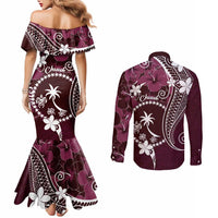 FSM Chuuk Couples Matching Mermaid Dress and Long Sleeve Button Shirt Turtle Tropical Flowers Polynesian - Pink