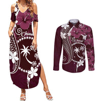 FSM Chuuk Couples Matching Summer Maxi Dress and Long Sleeve Button Shirt Turtle Tropical Flowers Polynesian - Pink