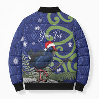 Personalized New Zealand Pukeko Christmas Bomber Puffer Jacket Meri Kirihimete Taniko Ponga Koru Blue - Polynesian Pride