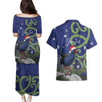 Personalized New Zealand Pukeko Christmas Couples Matching Puletasi and Hawaiian Shirt Meri Kirihimete Taniko Ponga Koru Blue - Polynesian Pride