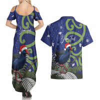 Personalized New Zealand Pukeko Christmas Couples Matching Summer Maxi Dress and Hawaiian Shirt Meri Kirihimete Taniko Ponga Koru Blue - Polynesian Pride