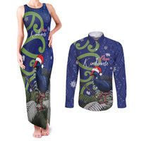Personalized New Zealand Pukeko Christmas Couples Matching Tank Maxi Dress and Long Sleeve Button Shirt Meri Kirihimete Taniko Ponga Koru Blue - Polynesian Pride