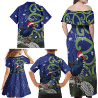Personalized New Zealand Pukeko Christmas Family Matching Off Shoulder Maxi Dress and Hawaiian Shirt Meri Kirihimete Taniko Ponga Koru Blue LT14 - Polynesian Pride