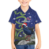 Personalized New Zealand Pukeko Christmas Family Matching Off Shoulder Short Dress and Hawaiian Shirt Meri Kirihimete Taniko Ponga Koru Blue LT14 Son's Shirt Blue - Polynesian Pride