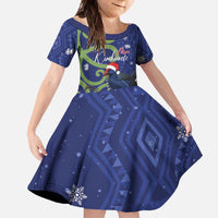Personalized New Zealand Pukeko Christmas Family Matching Summer Maxi Dress and Hawaiian Shirt Meri Kirihimete Taniko Ponga Koru Blue LT14 Daughter's Dress Blue - Polynesian Pride