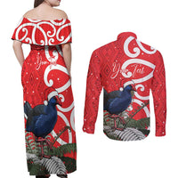 Personalized New Zealand Pukeko Christmas Couples Matching Off Shoulder Maxi Dress and Long Sleeve Button Shirt Meri Kirihimete Taniko Ponga Koru Red - Polynesian Pride