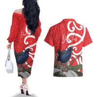 Personalized New Zealand Pukeko Christmas Couples Matching Off The Shoulder Long Sleeve Dress and Hawaiian Shirt Meri Kirihimete Taniko Ponga Koru Red - Polynesian Pride