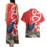 Personalized New Zealand Pukeko Christmas Couples Matching Tank Maxi Dress and Hawaiian Shirt Meri Kirihimete Taniko Ponga Koru Red - Polynesian Pride