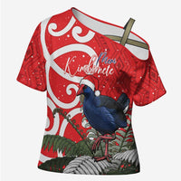 Personalized New Zealand Pukeko Christmas Cross Shoulder Shirt Meri Kirihimete Taniko Ponga Koru Red - Polynesian Pride