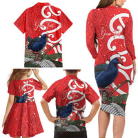 Personalized New Zealand Pukeko Christmas Family Matching Long Sleeve Bodycon Dress and Hawaiian Shirt Meri Kirihimete Taniko Ponga Koru Red LT14 - Polynesian Pride