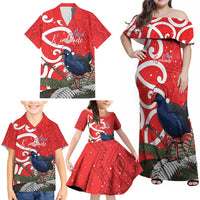 Personalized New Zealand Pukeko Christmas Family Matching Off Shoulder Maxi Dress and Hawaiian Shirt Meri Kirihimete Taniko Ponga Koru Red LT14 - Polynesian Pride