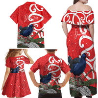 Personalized New Zealand Pukeko Christmas Family Matching Off Shoulder Maxi Dress and Hawaiian Shirt Meri Kirihimete Taniko Ponga Koru Red LT14 - Polynesian Pride
