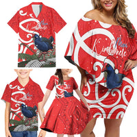 Personalized New Zealand Pukeko Christmas Family Matching Off Shoulder Short Dress and Hawaiian Shirt Meri Kirihimete Taniko Ponga Koru Red LT14 - Polynesian Pride