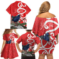 Personalized New Zealand Pukeko Christmas Family Matching Off Shoulder Short Dress and Hawaiian Shirt Meri Kirihimete Taniko Ponga Koru Red LT14 - Polynesian Pride