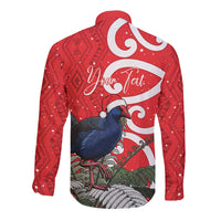 Personalized New Zealand Pukeko Christmas Long Sleeve Button Shirt Meri Kirihimete Taniko Ponga Koru Red - Polynesian Pride