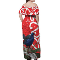 Personalized New Zealand Pukeko Christmas Off Shoulder Maxi Dress Meri Kirihimete Taniko Ponga Koru Red - Polynesian Pride