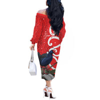 Personalized New Zealand Pukeko Christmas Off The Shoulder Long Sleeve Dress Meri Kirihimete Taniko Ponga Koru Red - Polynesian Pride