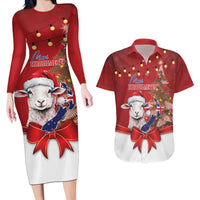 Personalized New Zealand Sheep Christmas Couples Matching Long Sleeve Bodycon Dress and Hawaiian Shirt Hipi Meri Kirihimete Silver Fern Xmas Tree - Polynesian Pride