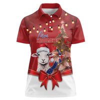 Personalized New Zealand Sheep Christmas Women Polo Shirt Hipi Meri Kirihimete Silver Fern Xmas Tree LT14 Female Red - Polynesian Pride